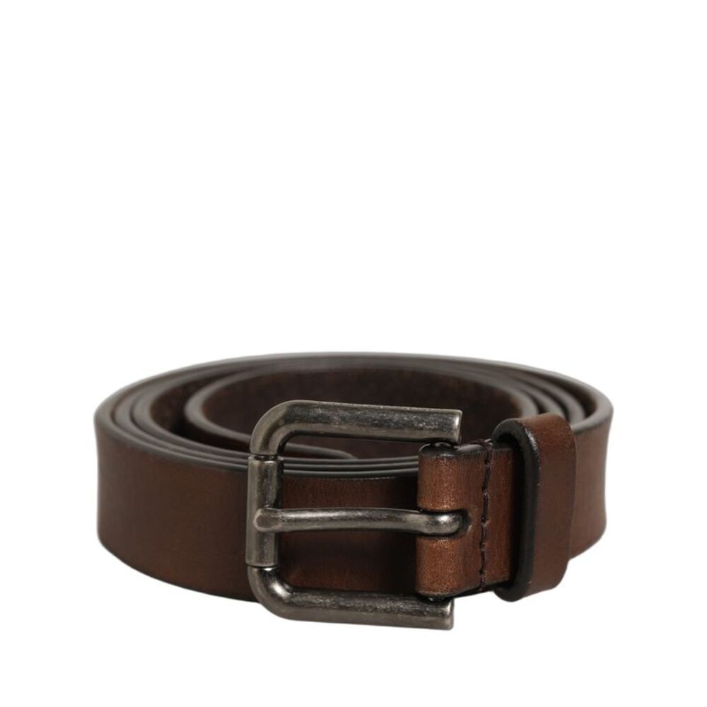 Dolce & Gabbana Brown Leather Silver Tone Metal Buckle Men's Belt